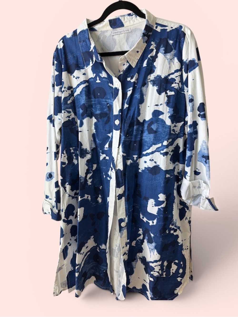 Blue & White Abstract Button-Up Shirt Tunic Shirt
